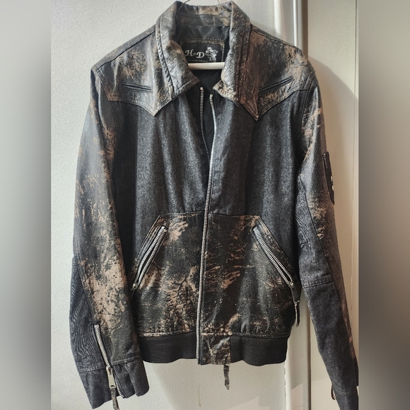 Luxury Distressed leather and black denim biker jacket - Picture 1 of 5